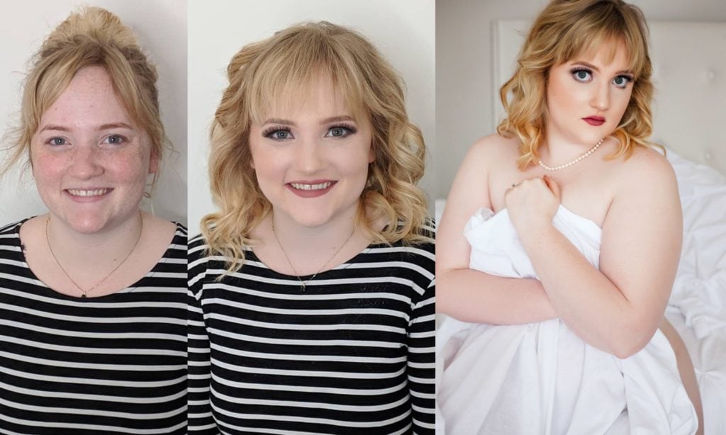 Before and after boudoir photo hair up