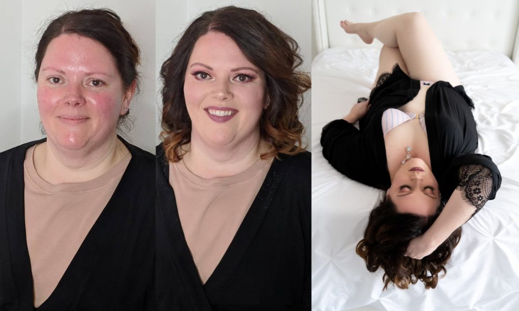 Plus size dark hair before and after boudoir picture